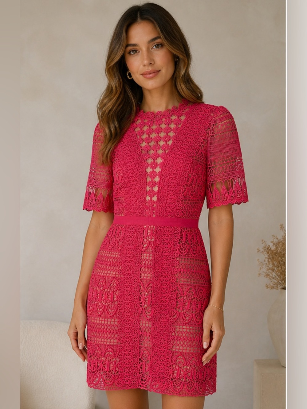 Just Me Fuchsia Pink Crochet Lace Mini Dress